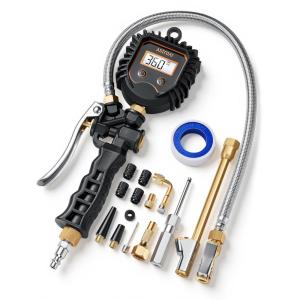 imageAstroAI Digital Tire Pressure Gauge Heavy Duty Tire Inflator Gauge 250PSI Air Chuck Compressor Accessories with Stainless Braided Hose Rotatable DialampampQuick Connect Coupler for TruckRVSUVWith Dual Head Brass Tire Chuck