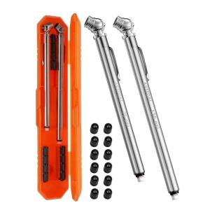 imageAstroAI Pencil Tire Pressure Gauge 2 Pack 1075PSI 10120PSI 2 Span Valve Caps with Case Stainless Steel Body and Metal Made Nozzle 3 Measurements for Cars Bikes Vehicles PickupsOrange