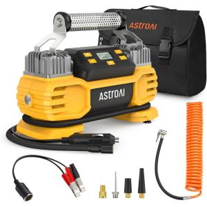 imageAstroAI Portable 160 PSI DC Heavy Duty Tire Inflator Pump Auto Shutoff with Screen Dual Cylinders ampamp Dual Motors 12V Air Compressor for SUVs RVs ORVs Cars Air Mattresses etc YellowNO ACYellow