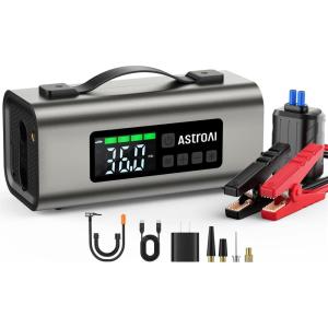 imageAstroAI Portable Car Jump Starter with Air Compressor 150PSI 1750A Car Jumper Starter Battery Pack with Cordless Tire Inflator 75 Gas50L Diesel 12V Jump Box Large LCD Display Lights2500AGrey
