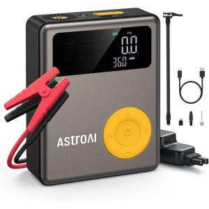imageAstroAI Portable Car Jump Starter with Air Compressor 150PSI 1750A Car Jumper Starter Battery Pack with Cordless Tire Inflator 75 Gas50L Diesel 12V Jump Box Large LCD Display Lights1750AYellow