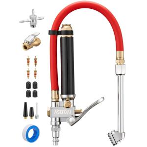imageAstroAI T3 HeavyDuty Tire Pressure Gauge with Inflator Dual Head Chuck ANSI B401 Accurate Air Chuck with Pressure Gauge 10120 PSI Compatible with 14quot NPT Air CompressorRed