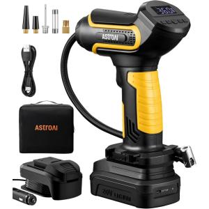 imageAstroAI Tire Inflator Air Compressor Cordless Car Tire Pump with 20V Rechargeable Liion Battery 150 PSI Portable Handheld Air Pump with 12 V Car Power Adapter for Cars Motorcycles LS40791C1 YellowYellow