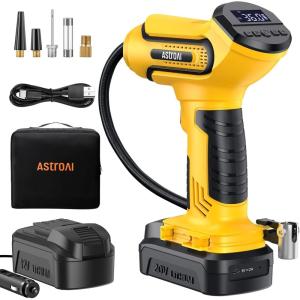 imageAstroAI Tire Inflator Air Compressor Cordless Car Tire Pump with 20V Rechargeable Liion Battery 150 PSI Portable Handheld Air Pump with 12 V Car Power Adapter for Cars Motorcycles LS40791C1 YellowLight Yellow