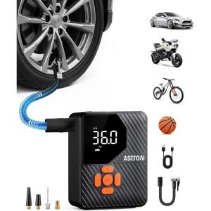 imageAstroAI Tire Inflator Portable Air Compressor Cordless UltraLightweight Car Tire Pump 150 PSI Bike Pump with LED Lights ampamp Digital Screen Air Pump for Cars Motorcycles EBikes BallsBlackRegularOrange