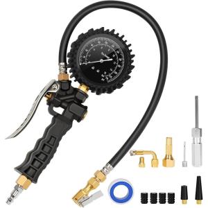 imageAstroAI Tire Pressure Gauge Tire Inflator Gauge 230 PSI Heavy Duty with 360 Rotatable Dial and Air Chuck Bike Presta Valve Adapter 4 Valve Caps Compatible with BicycleTruckSUVMotorcyleRV
