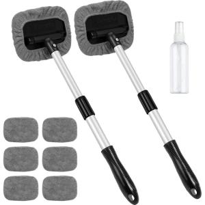 imageAstroAI Windshield Cleaner Microfiber car Window Cleaner with 8 Reusable and Washable Microfiber Pads and Extendable Handle Auto Inside Glass Wiper Kit Gray 2 Pack